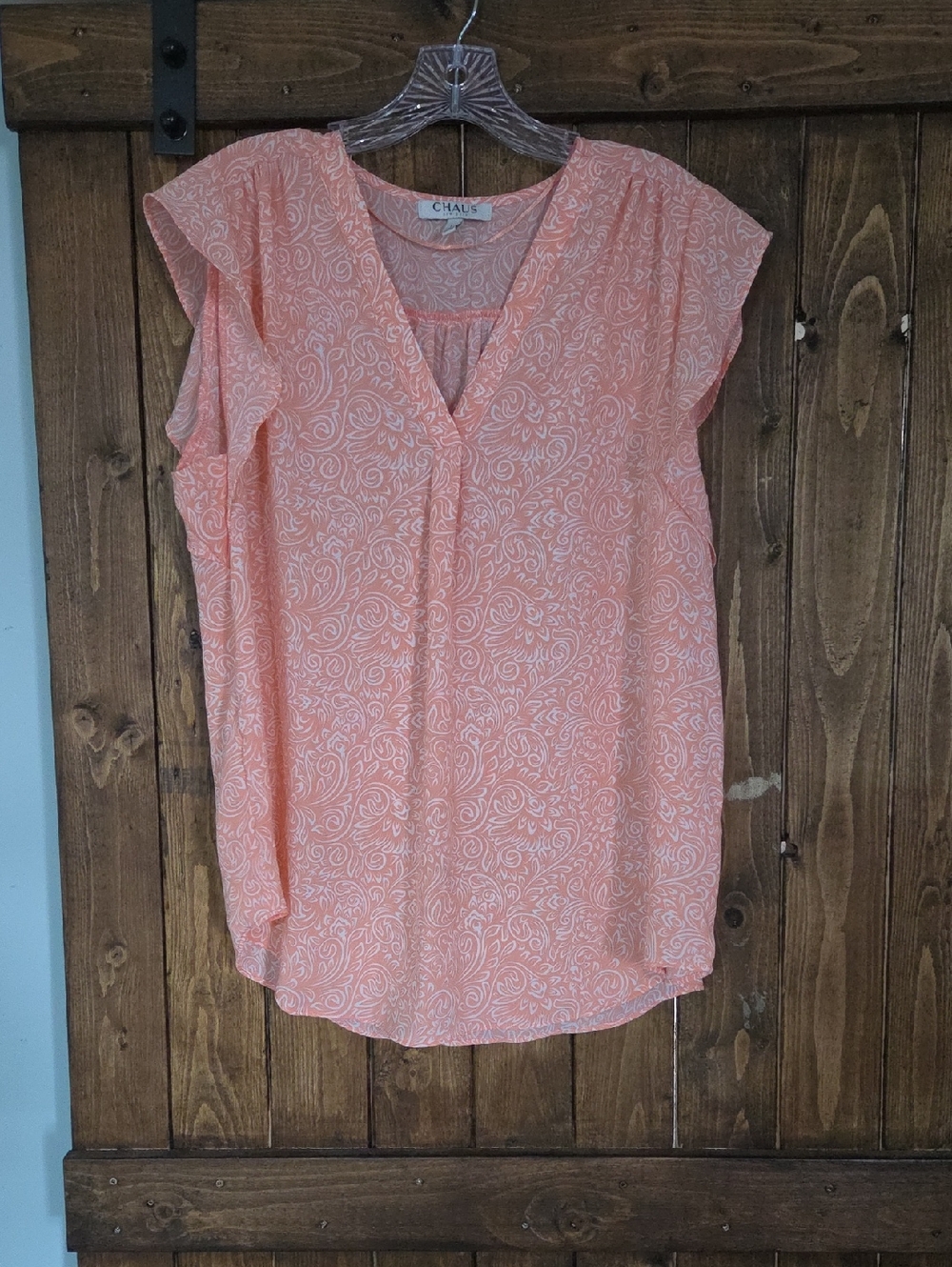 Chaus Coral Pink Paisley V-Neck Flutter Sleeve Blouse